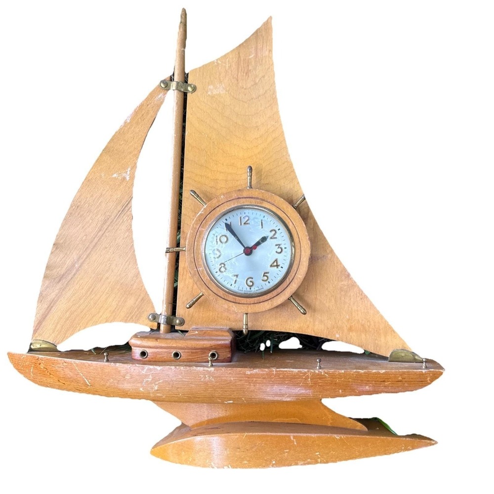 SOLID Wood Nautical Sail Boat Ship Schooner Mantel Clock MCM Vtg